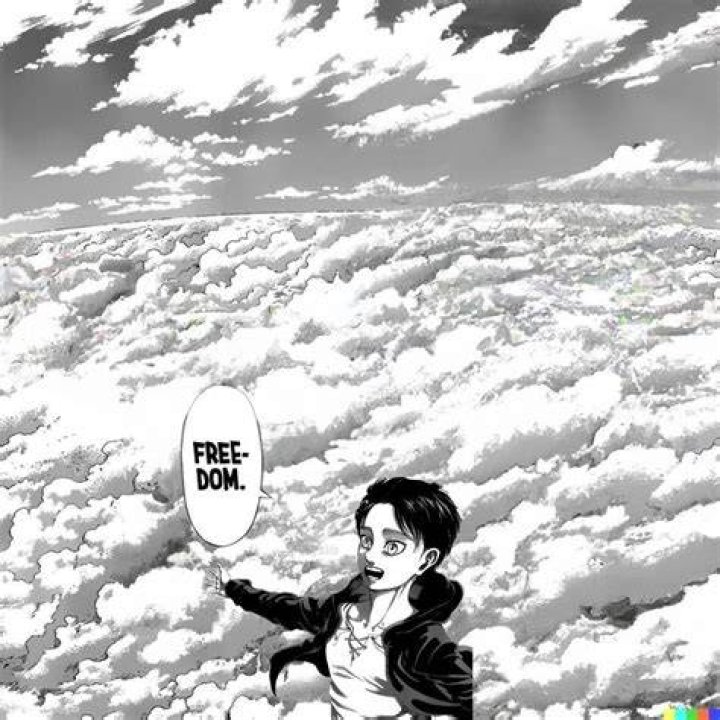 Eren with clouds behind him angrily looking at an enemy