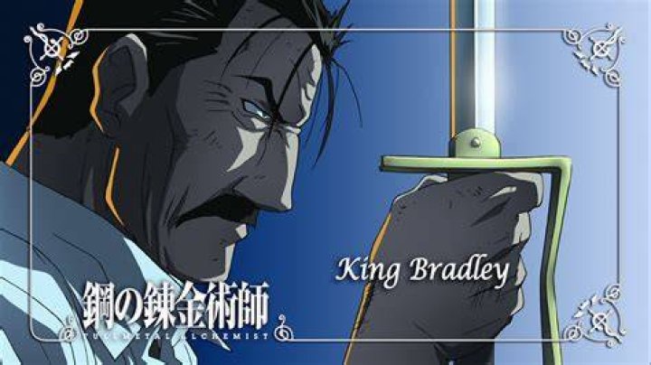 King Bradley holding a sword and red flash on the steel